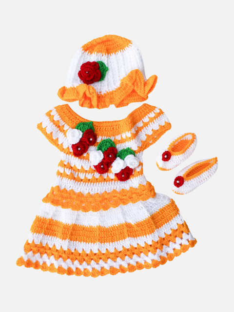 

Woonie Girls Yellow Striped Handmade Fit and Flare Dress With Matching Cap