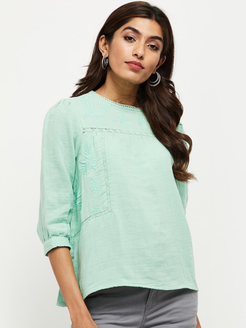 

max Green Floral Embroidered Pure Cotton A-Line Top