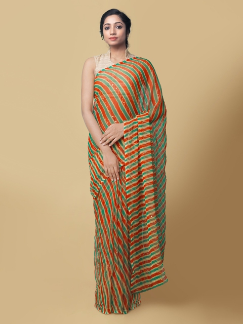 

Unnati Silks Green & Red Pure Chiffon Striped Patola Saree