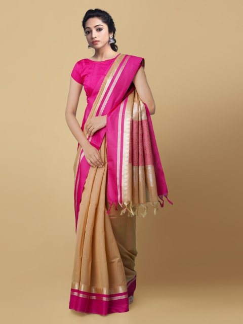 

Unnati Silks Brown & Pink Silk Cotton Striped Baluchari Saree