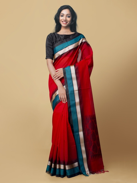 

Unnati Silks Red Silk Cotton Colourblocked Baluchari Handloom Saree