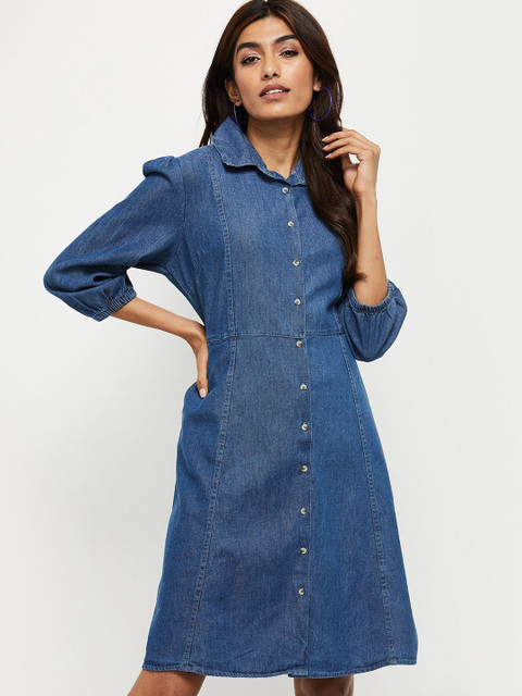 

max Women Blue Solid Shirt Dress