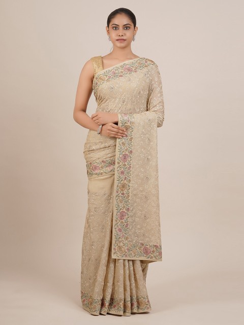 

Pothys Cream-Coloured Embroidered Poly Georgette Saree
