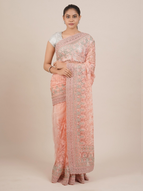 

Pothys Peach-Coloured & Silver-Coloured Net Embellished Saree