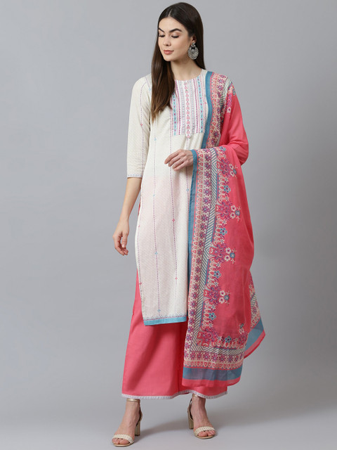 

QOMN Women Pink & White Printed Kurta with Trousers & Dupatta