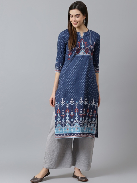 

QOMN Women Blue Ethnic Motifs Yoke Design Keyhole Neck Cotton Kurta