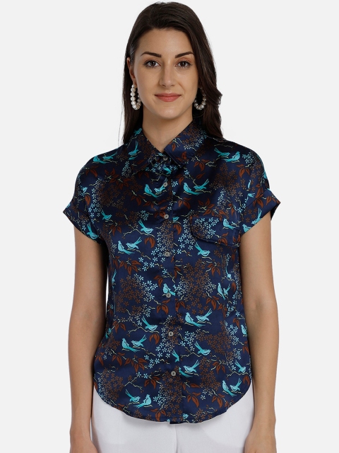 

Yaadleen Navy Blue Floral Printed Shirt Style Top