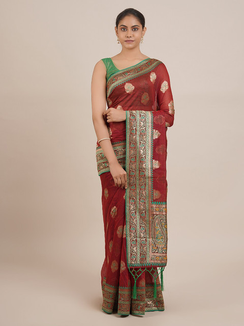 

Pothys Maroon & Green Cotton Blend Woven Design Saree