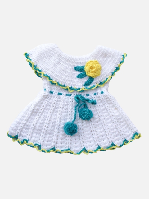 

Woonie Girls White Self Design Handmade Fit and Flare Dress