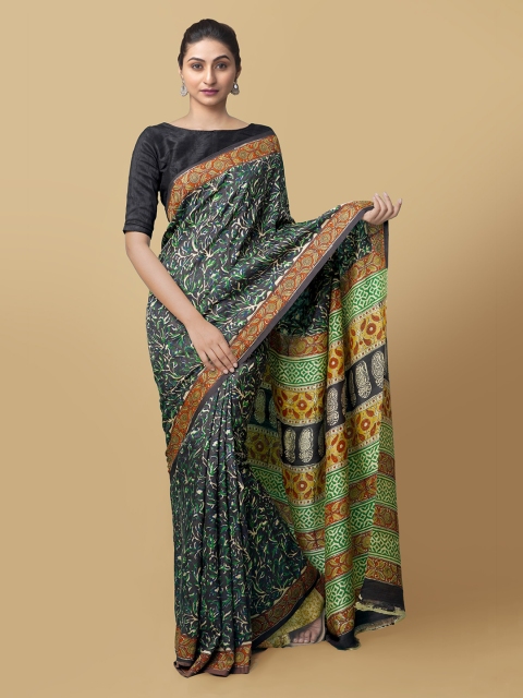 

Unnati Silks Black Printed Tussar Saree