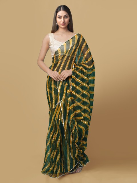 

Unnati Silks Green Pure Chiffon Striped Bhagalpuri Saree
