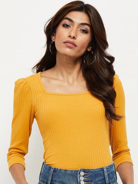 

max Mustard Yellow Ribbed Puff Sleeves Regular Top