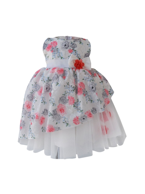 

Faye Girls White & Coral Pink Floral Printed Fit and Flare Dress