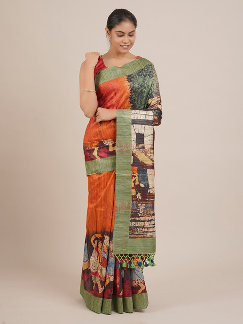 

Pothys Orange Printed Jute Silk Saree