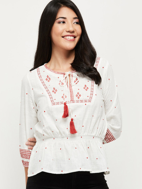 

max Cream-Coloured Printed Tie-Up Neck Pure Cotton Cinched Waist Top