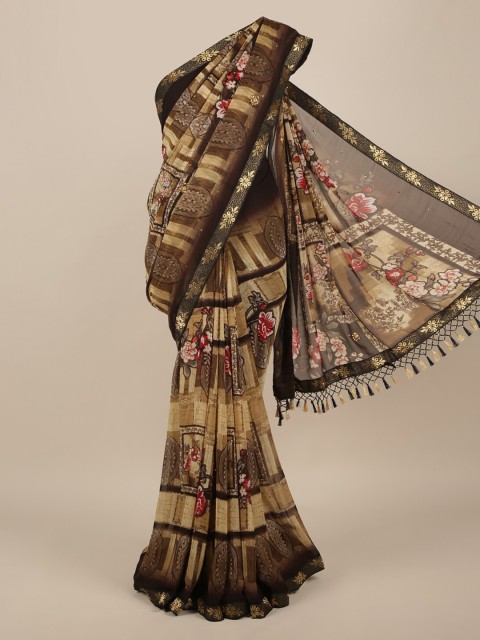 

Pothys Cream-Coloured & Brown Poly Chiffon Printed Saree