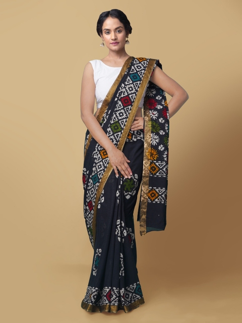 Unnati Silks Black Pure Cotton Batik Printed Patola Saree