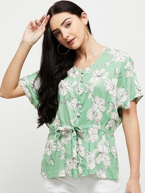 

max Green & White Floral Printed Flared Sleeves Georgette Cinched Waist Top