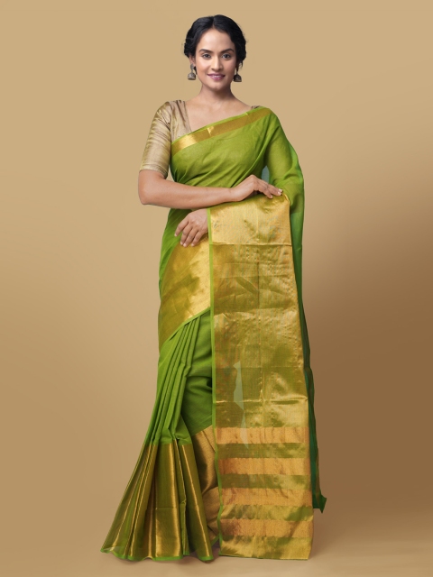 

Unnati Silks Green Pure Cotton Solid Arani Kanchi Cotton Kanjeevaram Saree
