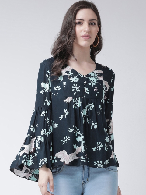 

The Vanca Navy Blue & Turquoise Blue Floral Printed Bell Sleeves Regular Top