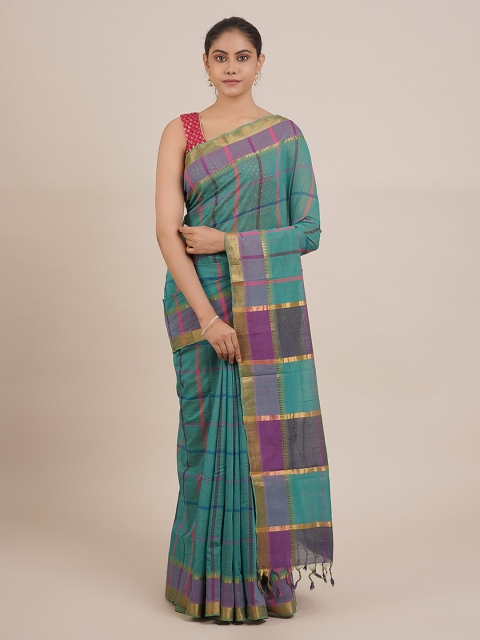 

Pothys Teal Pure Cotton Checked Mangalagiri Saree