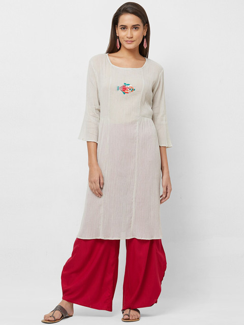 

Fusion Beats Women Grey Embroidered Kurta