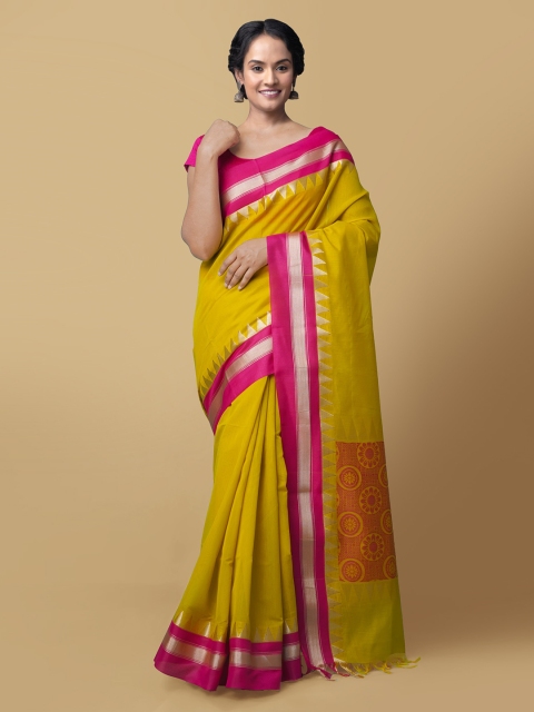 

Unnati Silks Mustard Yellow & Pink Silk Cotton Solid Bhagalpuri Saree