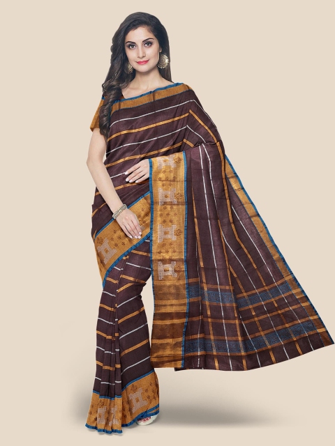 

Kalamandir Brown & Orange Cotton Blend Striped Saree