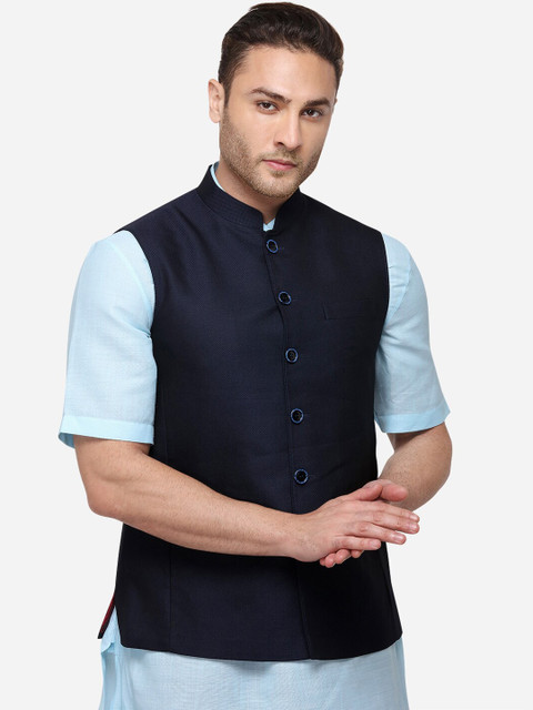

MODI JACKET Men Navy Blue Solid Woven Nehru Jacket