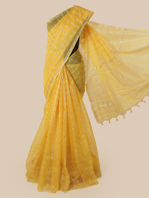 

Pothys Yellow & Silver-Toned Pure Silk Checked Saree