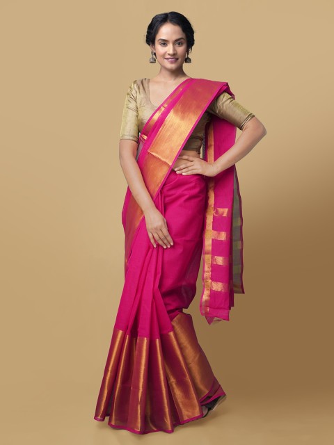 

Unnati Silks Pink Pure Cotton Solid Arani Kanchi Cotton Kanjeevaram Saree