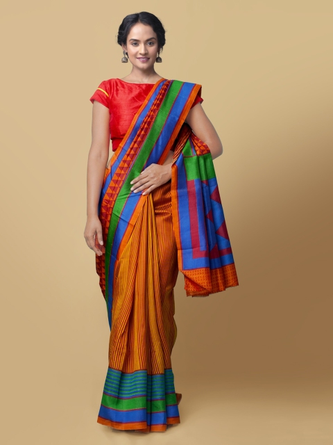

Unnati Silks Red & Orange Pure Silk Printed Tussar Handloom Saree