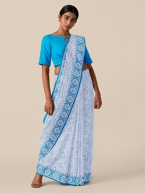 

Taneira White & Blue Pure Cotton Printed Block Print Saree