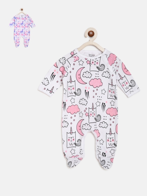 

berrytree Kids Pack Of 2 Unicorn Printed Organic Cotton Sustainable Rompers, Pink