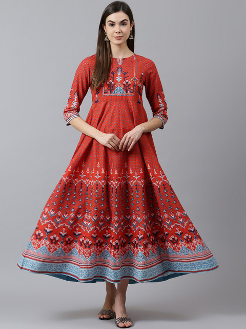 

QOMN Women Red Printed Maxi Dress