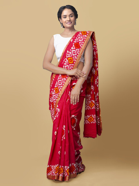 

Unnati Silks Red Pure Cotton Batik Printed Patola Saree