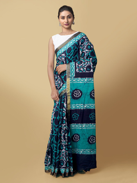 

Unnati Silks Navy Blue Pure Cotton Batik Printed Patola Saree