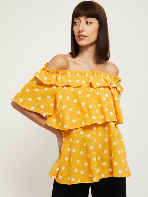 

max Yellow Polka Dots Printed Off-Shoulder Bardot Top