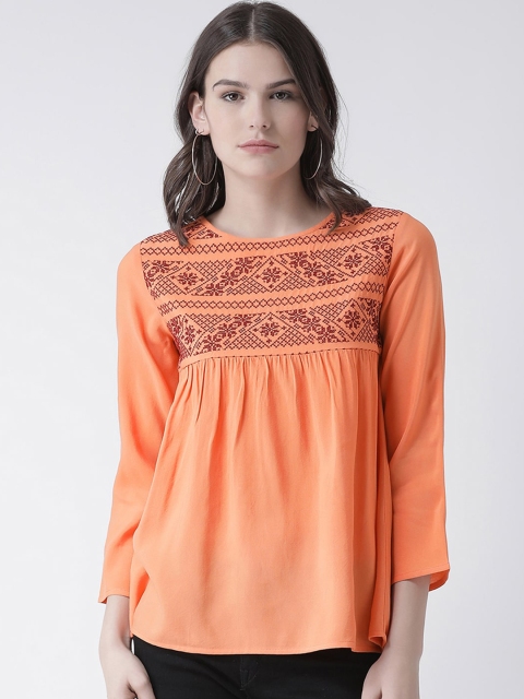 

The Vanca Orange Embroidered A-Line Top
