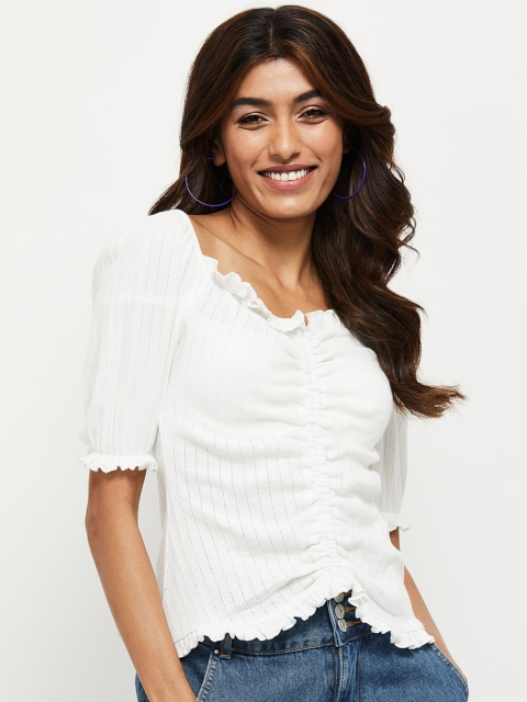 

max Women Cream-Coloured Striped Puff Sleeves Regular Top