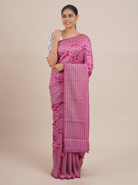 

Pothys Pink & Off-White Pure Cotton Striped Saree