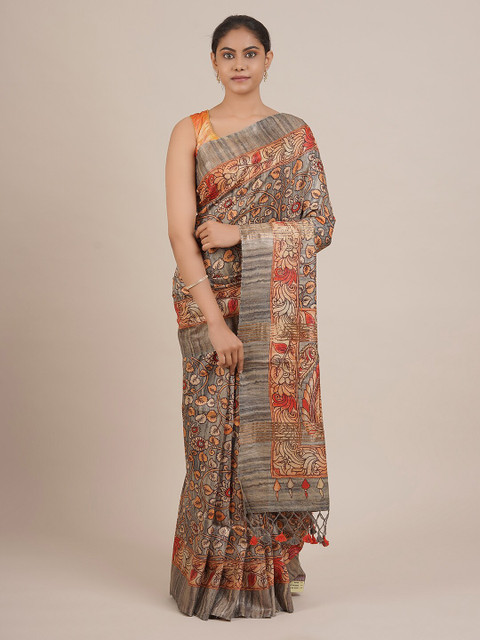 

Pothys Grey & Orange Jute Silk Printed Saree
