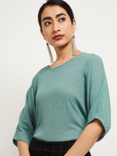 max Green Extended Sleeves Regular Ribbed Top
