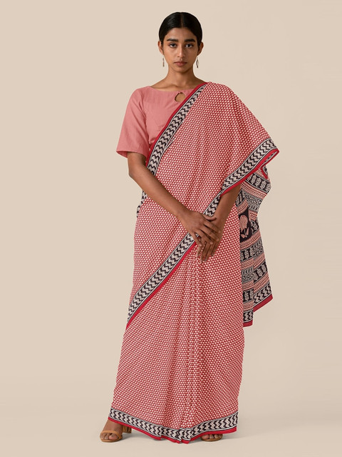 

Taneira Red & White Pure Cotton Printed Bagru Saree