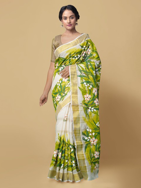 

Unnati Silks Cream-Coloured Pure Cotton Printed Block Print Saree