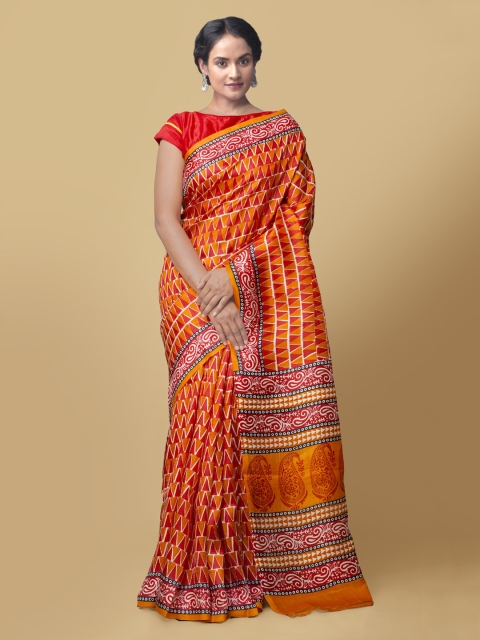 

Unnati Silks Orange Checked Tussar Saree