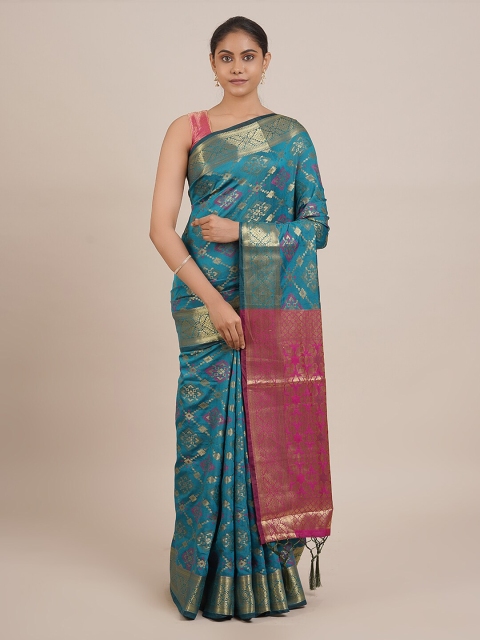 

Pothys Turquoise Blue Woven Design Cotton Blend Saree With Tasseled Pallu