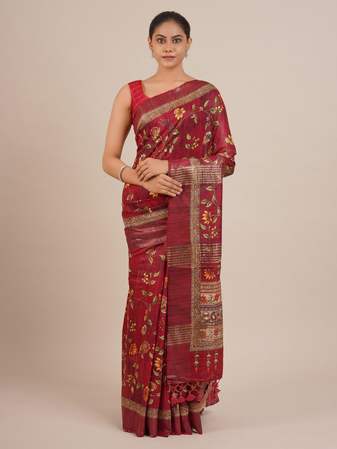 

Pothys Maroon & Yellow Jute Silk Printed Saree