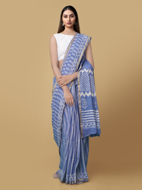 

Unnati Silks Blue & Off-White Pure Cotton Printed Dabu Saree