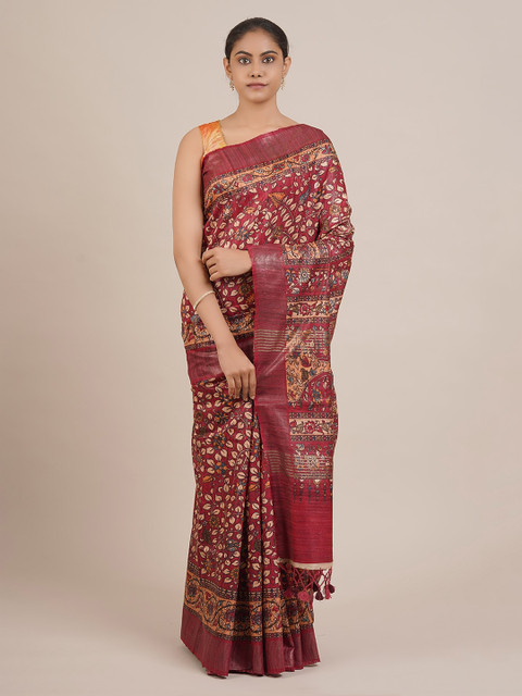 

Pothys Maroon & Beige Jute Silk Printed Saree